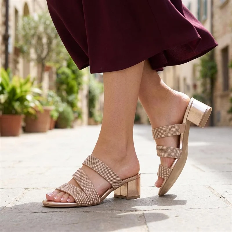 Diamante Block Heel Strappy Sandals - SANYI43000 / 329 142 - Rose Gold