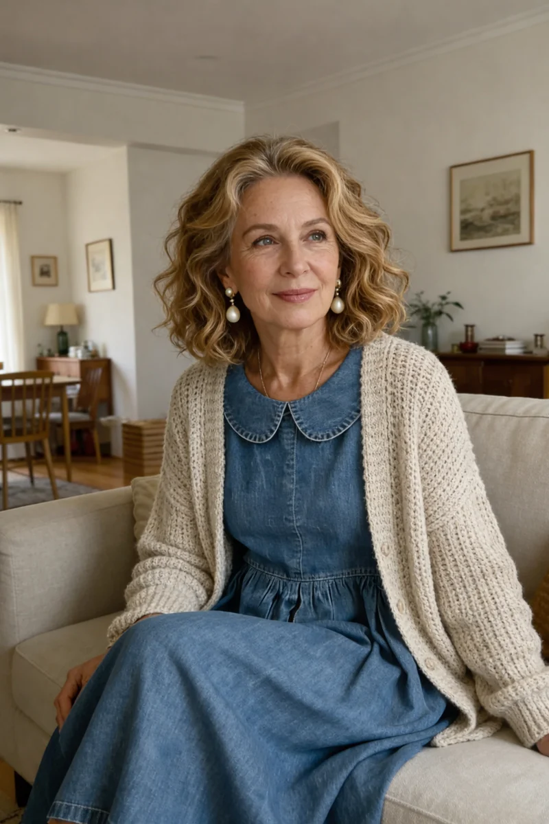 Clara Damen Denim Kleid mit Peter Pan Kragen