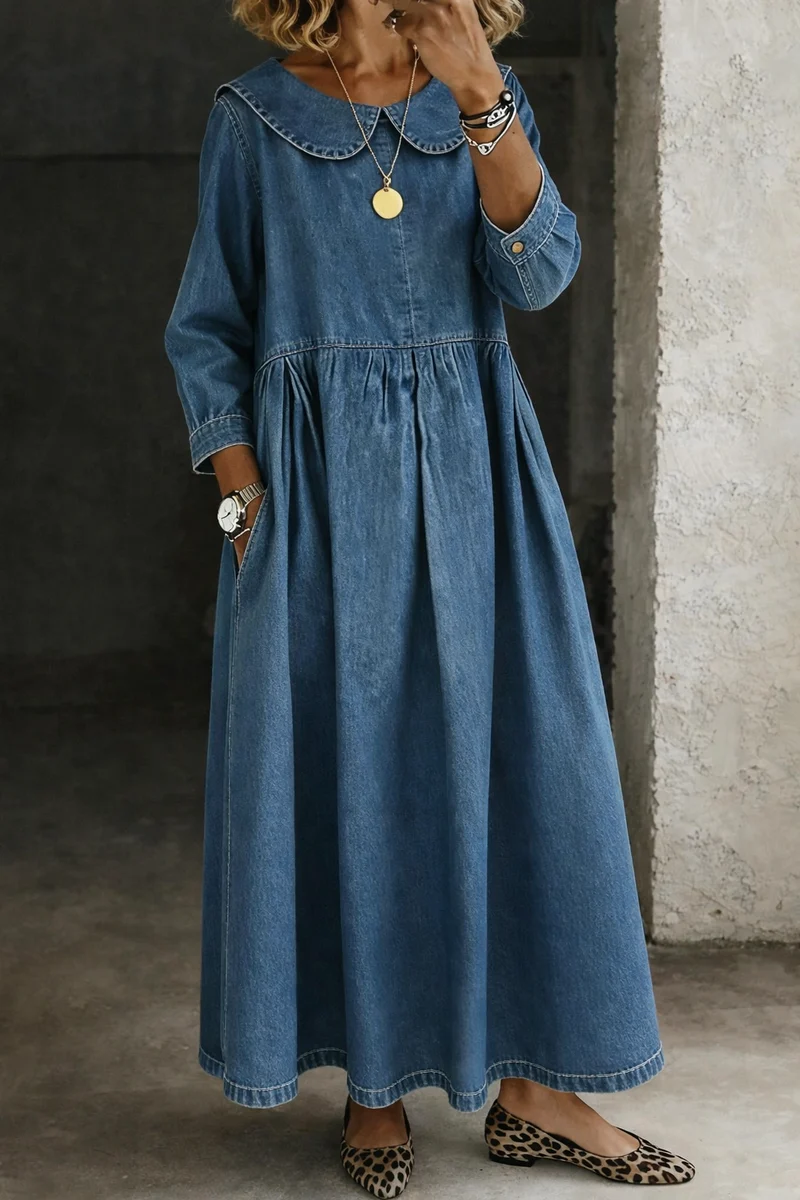 Clara Damen Denim Kleid mit Peter Pan Kragen