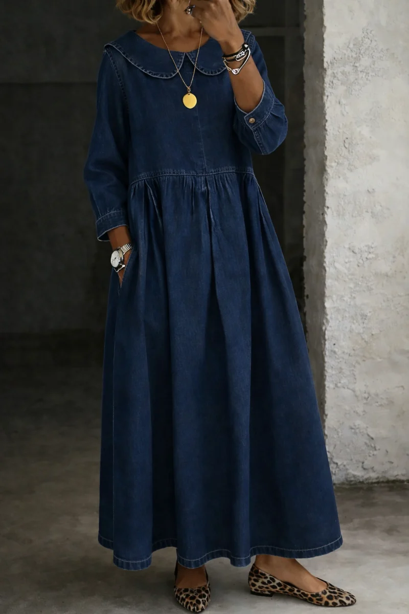 Clara Damen Denim Kleid mit Peter Pan Kragen