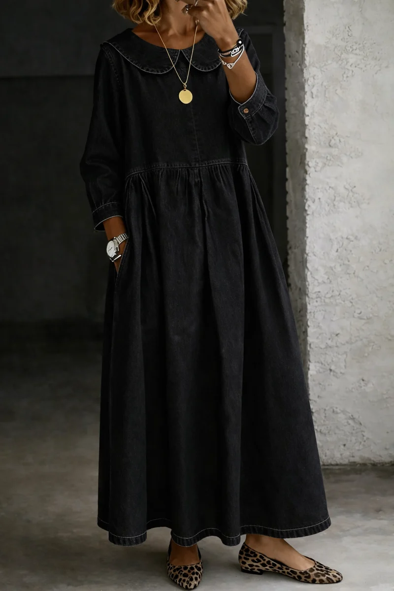 Clara Damen Denim Kleid mit Peter Pan Kragen