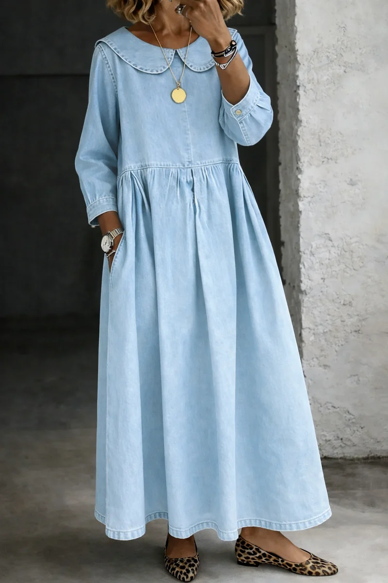 Clara Damen Denim Kleid mit Peter Pan Kragen