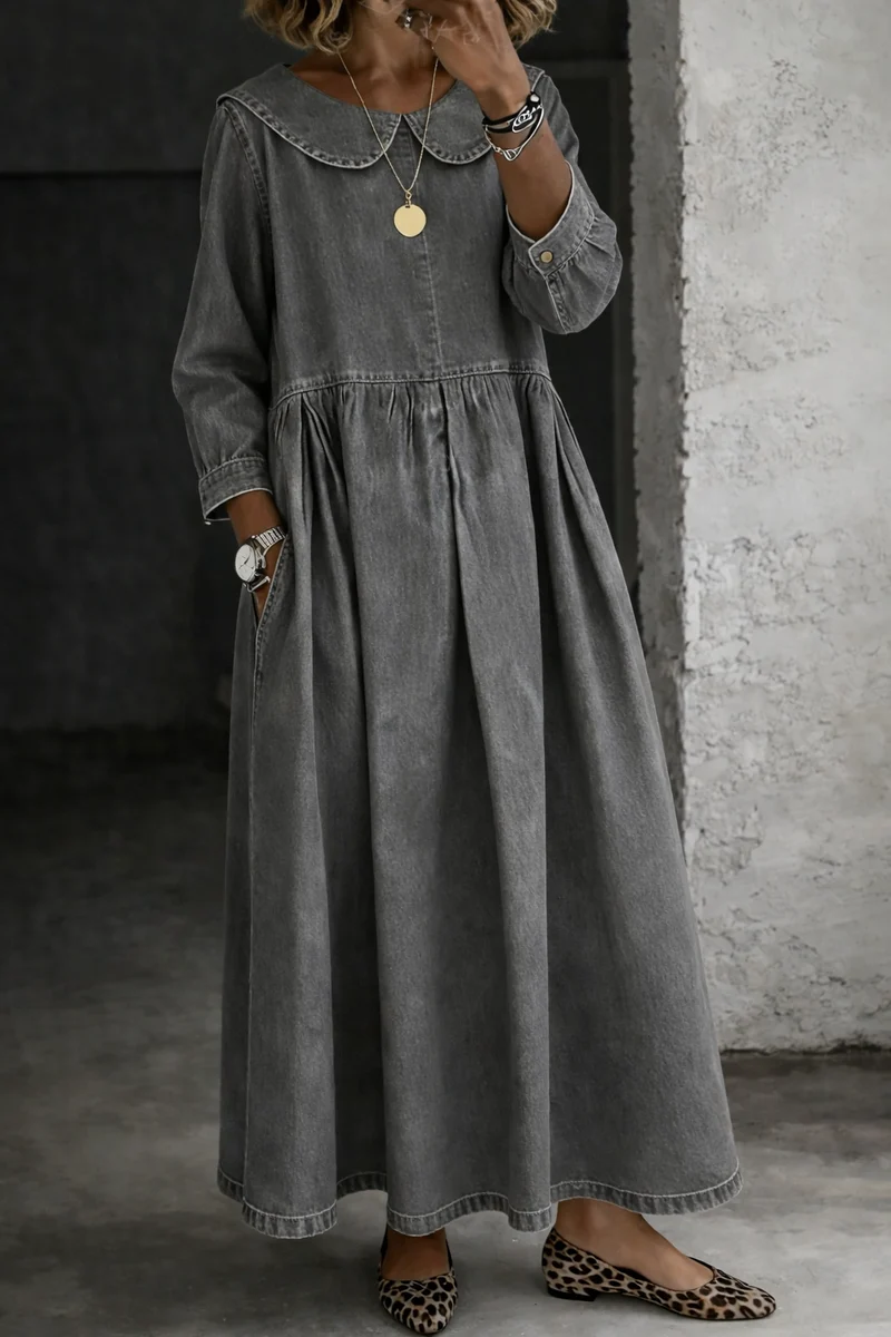 Clara Damen Denim Kleid mit Peter Pan Kragen