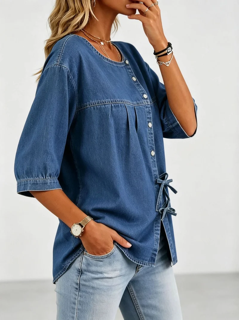 Lily Damen Denim Bluse im Vintage Stil