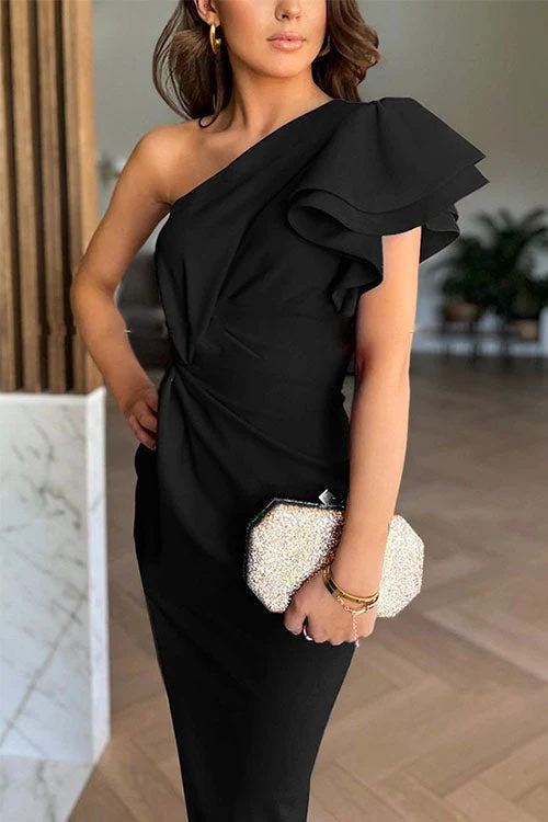 Caz Damen Off Shoulder Midi Kleid mit Rüschenärmeln und Schlitz