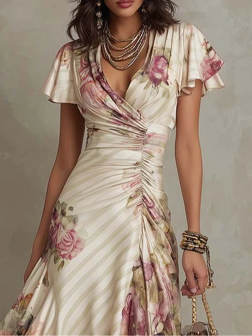 Alba Damen Retro Satin Midi Kleid mit Blumenmuster