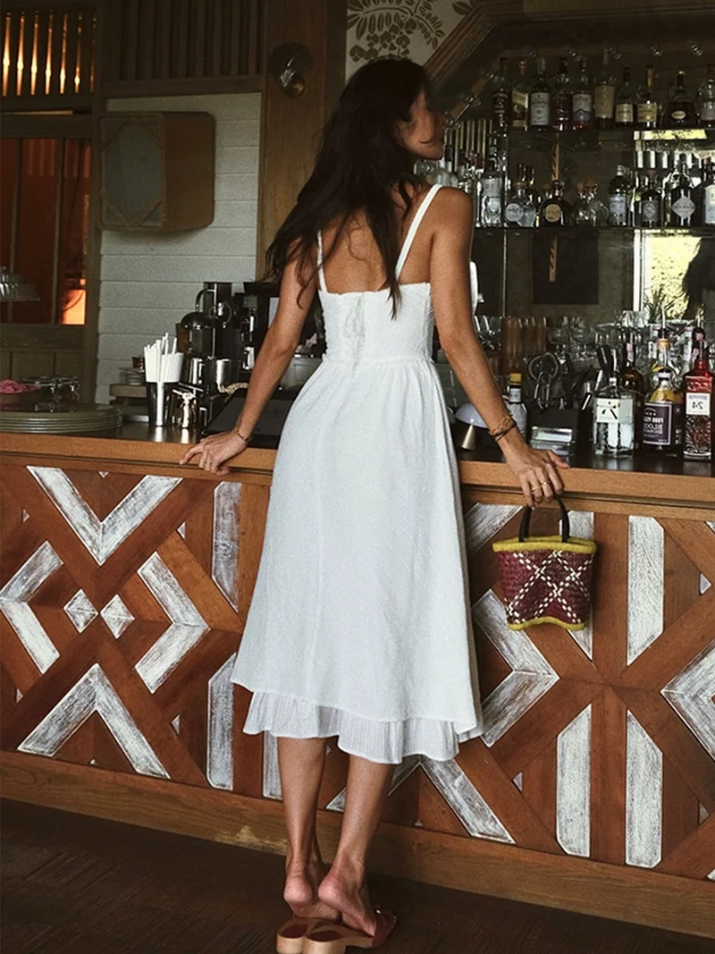 Damen ärmelloses Midi Kleid mit Knopfleiste und Rüschensaum