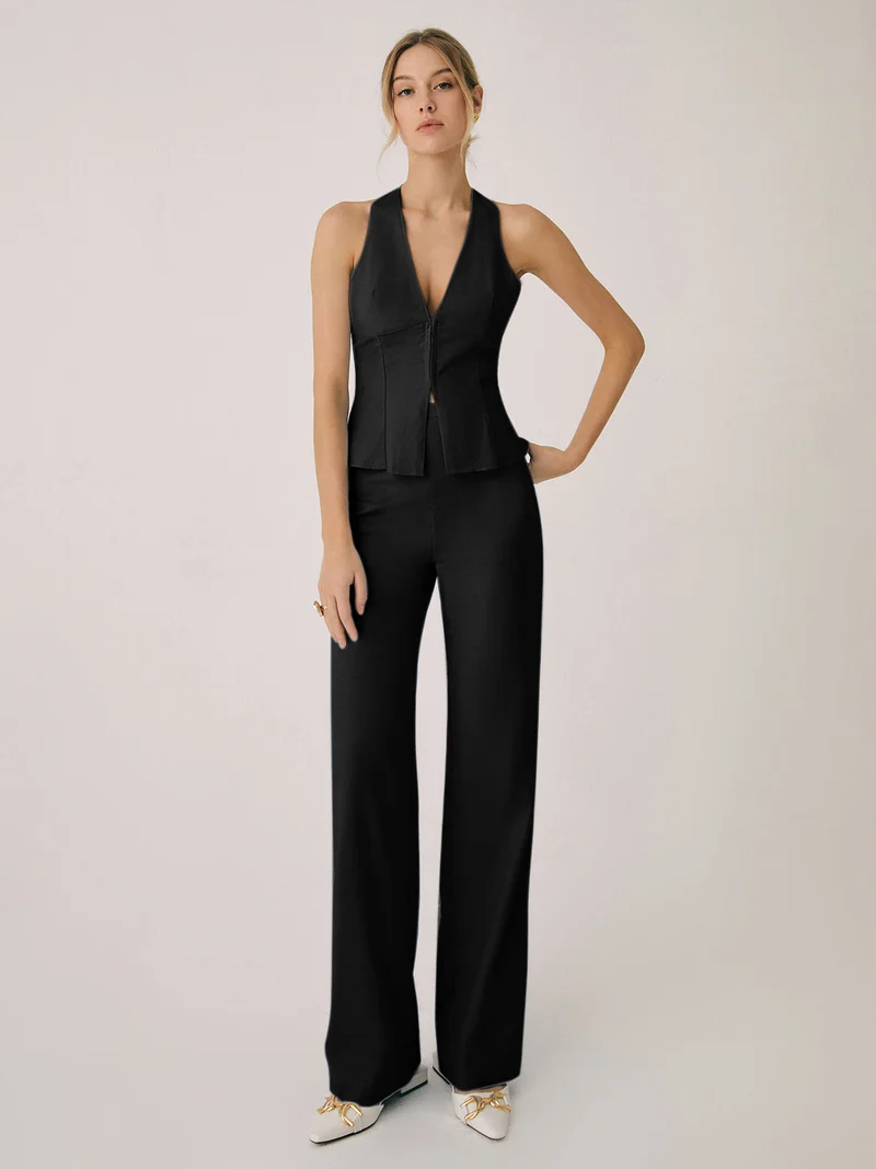 Damen Halterneck Set mit V Ausschnitt und weitem Bein