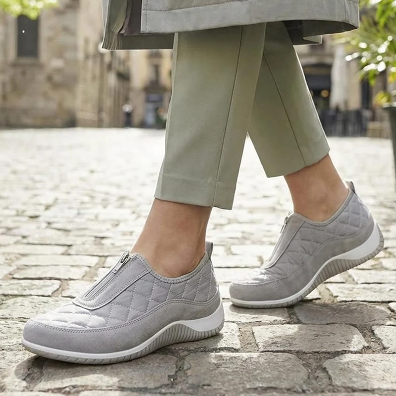 Wide Fit Leather Slip-On Shoes With Zip Fastening - BRK42019 / 328 406 - Light Grey