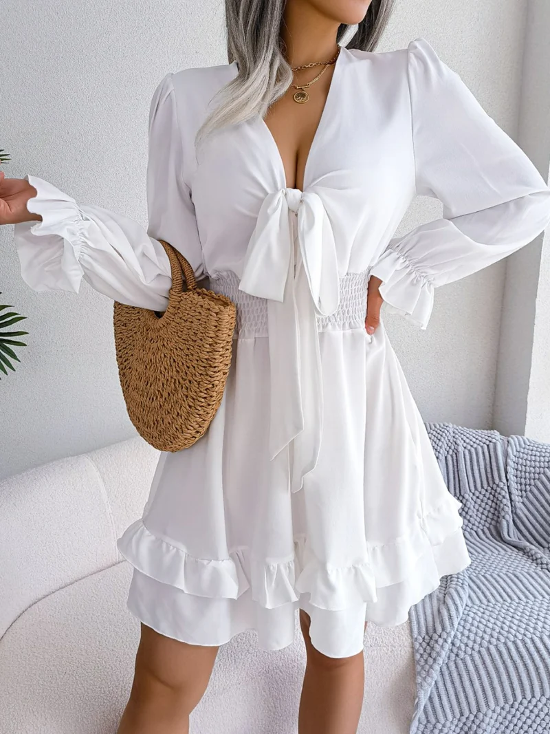 Damen Minikleid mit Bindeband und Volantärmeln