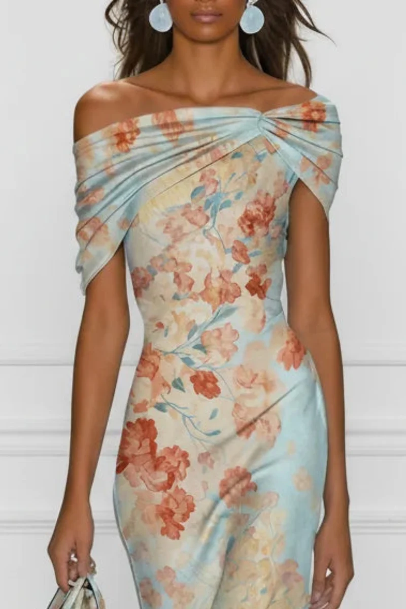 Damen Mermaid Midi Kleid mit One Shoulder und Blumenprint