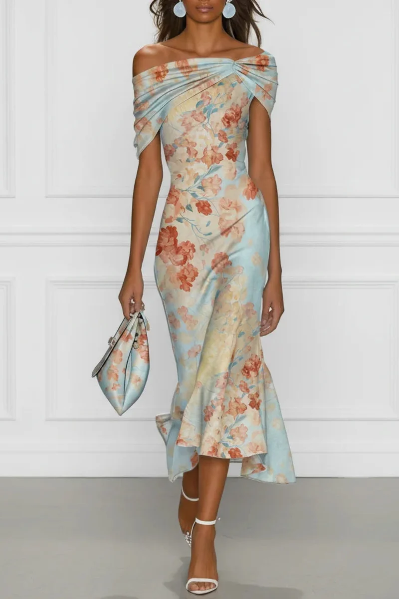 Damen Mermaid Midi Kleid mit One Shoulder und Blumenprint