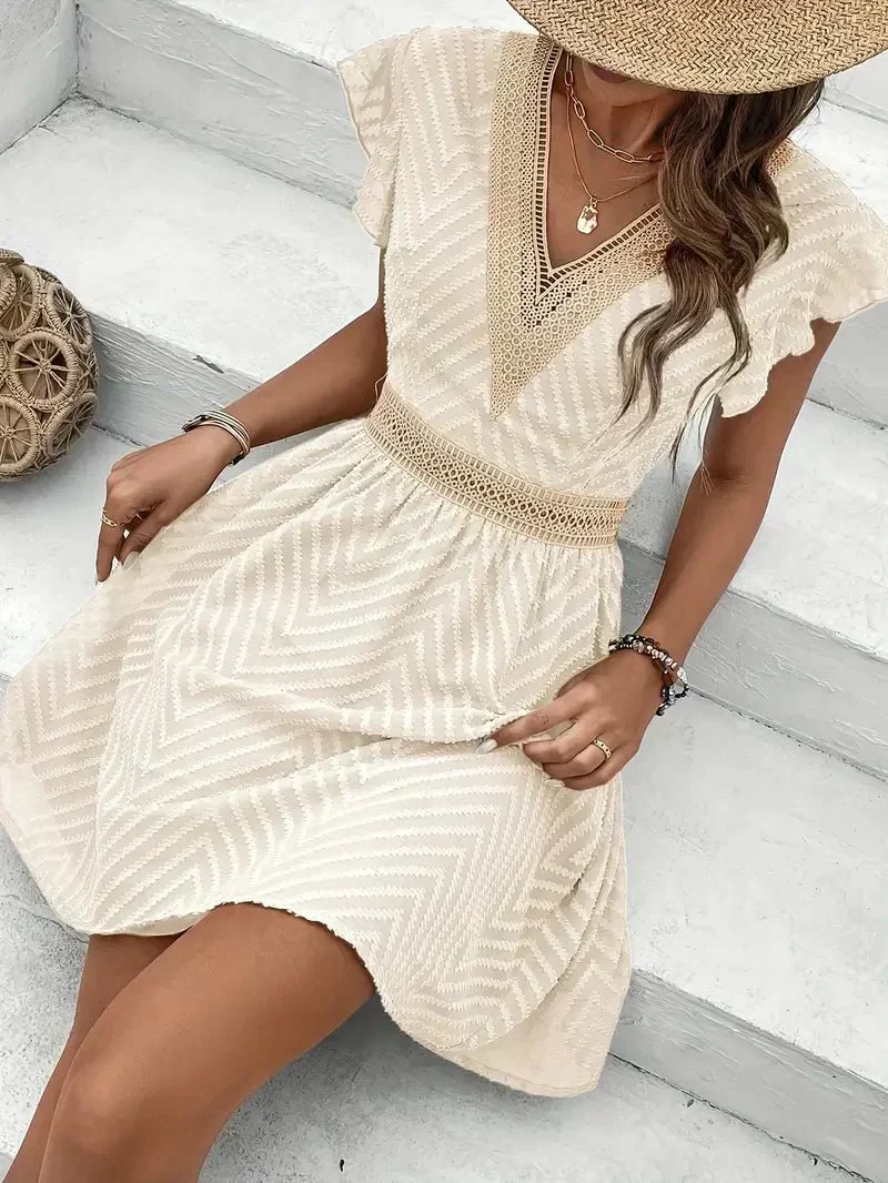 Damen gewebtes Minikleid mit V Ausschnitt und Volantärmeln