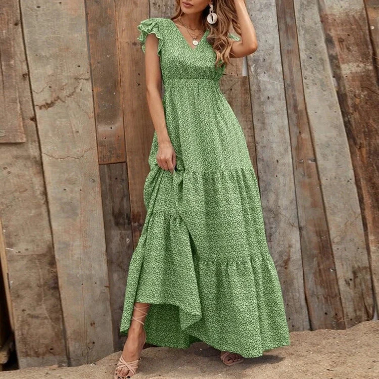 Bohemien Kleid mit V Ausschnitt und Blumenprint kurze Ärmel