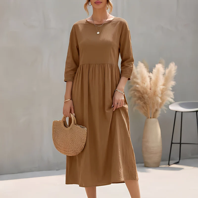 Sommerkleid Midi Damen Empire Taille Dreiviertelarm und Seitentaschen