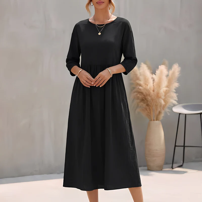 Sommerkleid Midi Damen Empire Taille Dreiviertelarm und Seitentaschen
