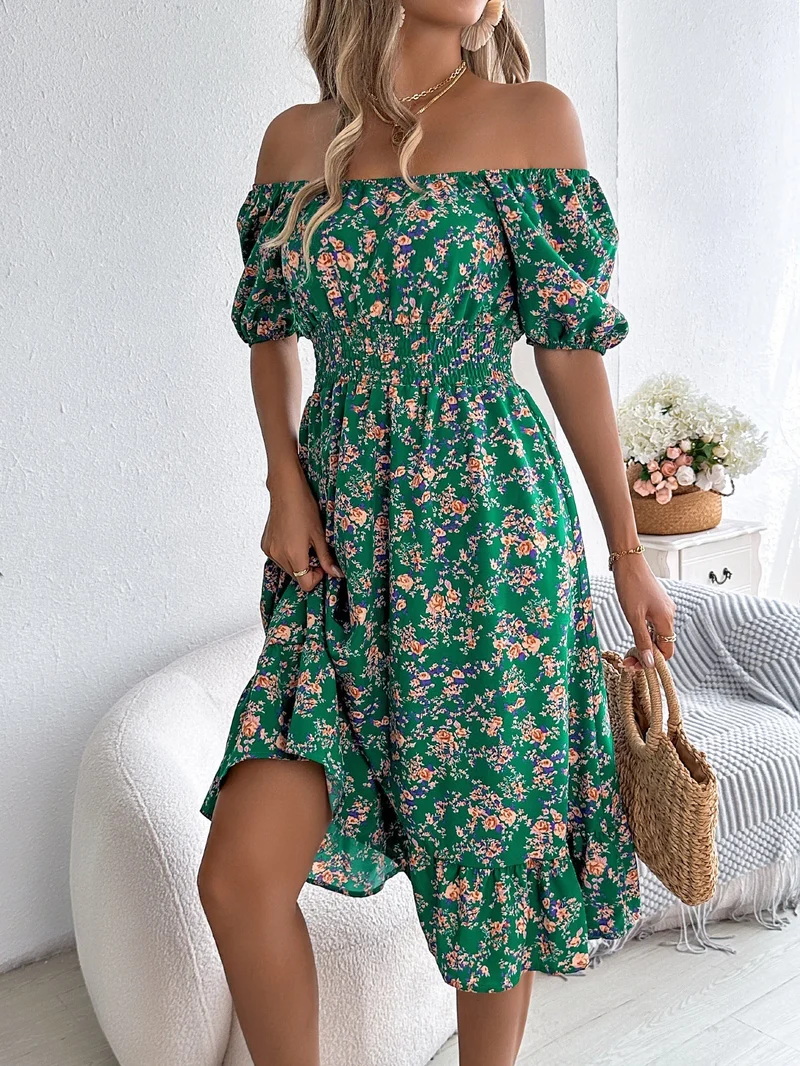 Blumenprint Kleid mit quadratischem Ausschnitt Rüschen und hoher Taille