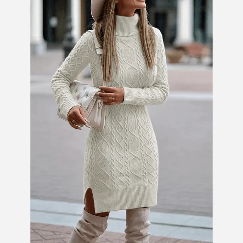 Damen Herbst Rollkragen Strickkleid mit Seitenschlitz