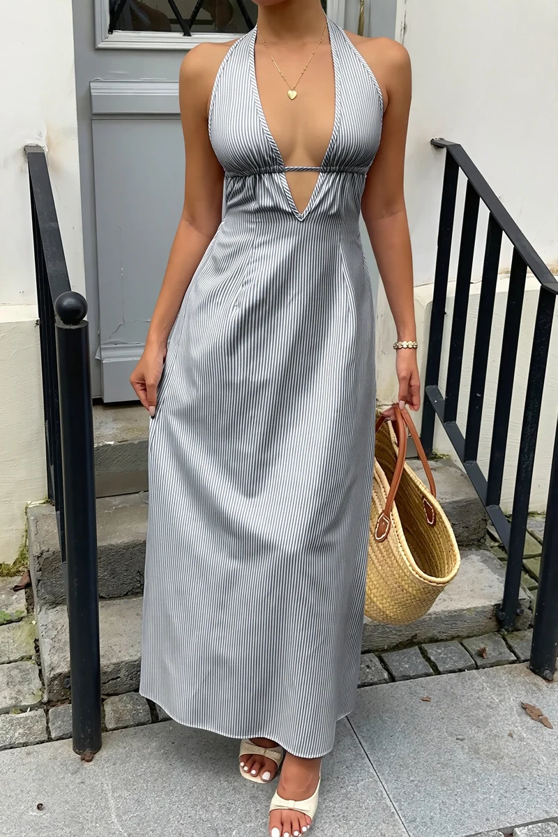 Sexy Streifen Halter Maxikleid rückenfrei mit Schnürung