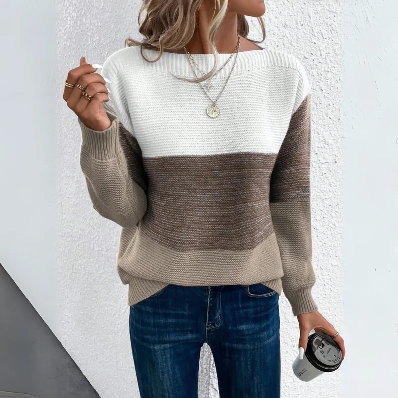 Pullover Damen Colourblock mit U Boot Ausschnitt
