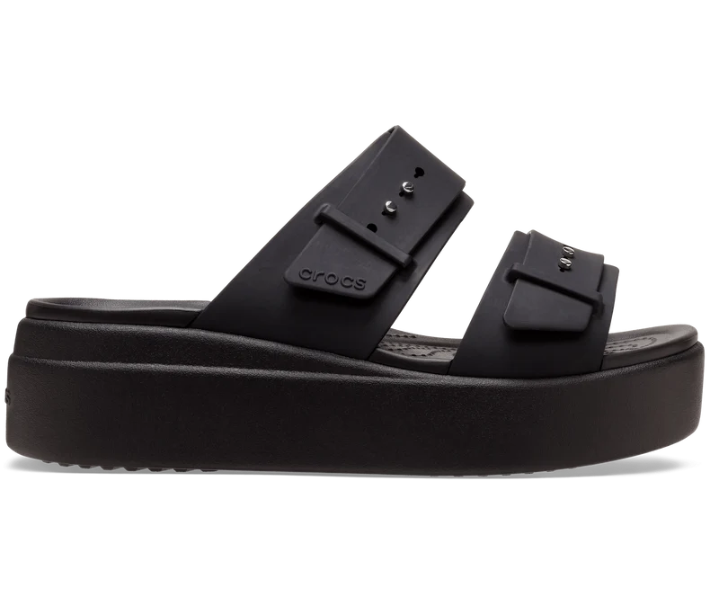 CROCS Unisex-Sandalen mit niedrigem Keilabsatz und Schnalle – Schwarz