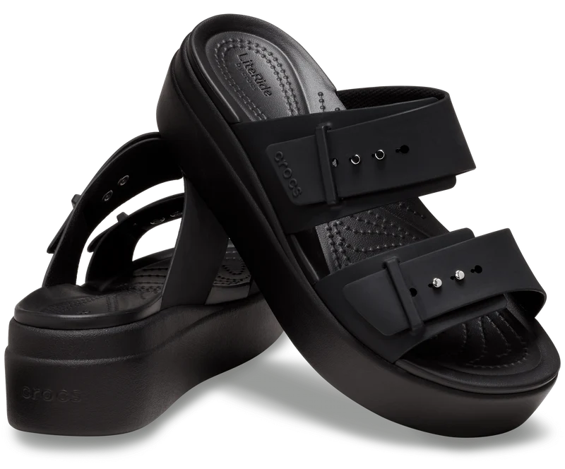 CROCS Unisex-Sandalen mit niedrigem Keilabsatz und Schnalle – Schwarz