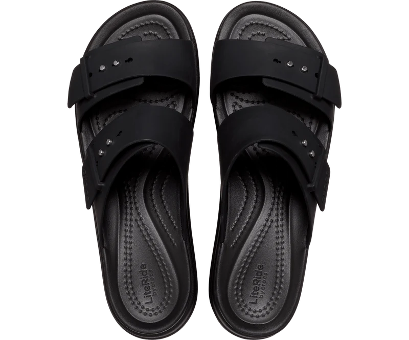 CROCS Unisex-Sandalen mit niedrigem Keilabsatz und Schnalle – Schwarz