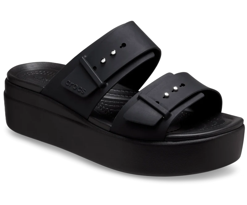 CROCS Unisex-Sandalen mit niedrigem Keilabsatz und Schnalle – Schwarz