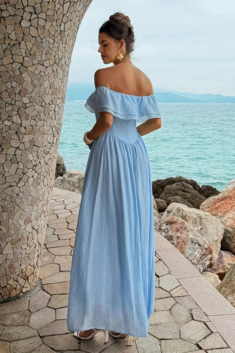 Damen Off Shoulder Corset langes Kleid mit Rüschen