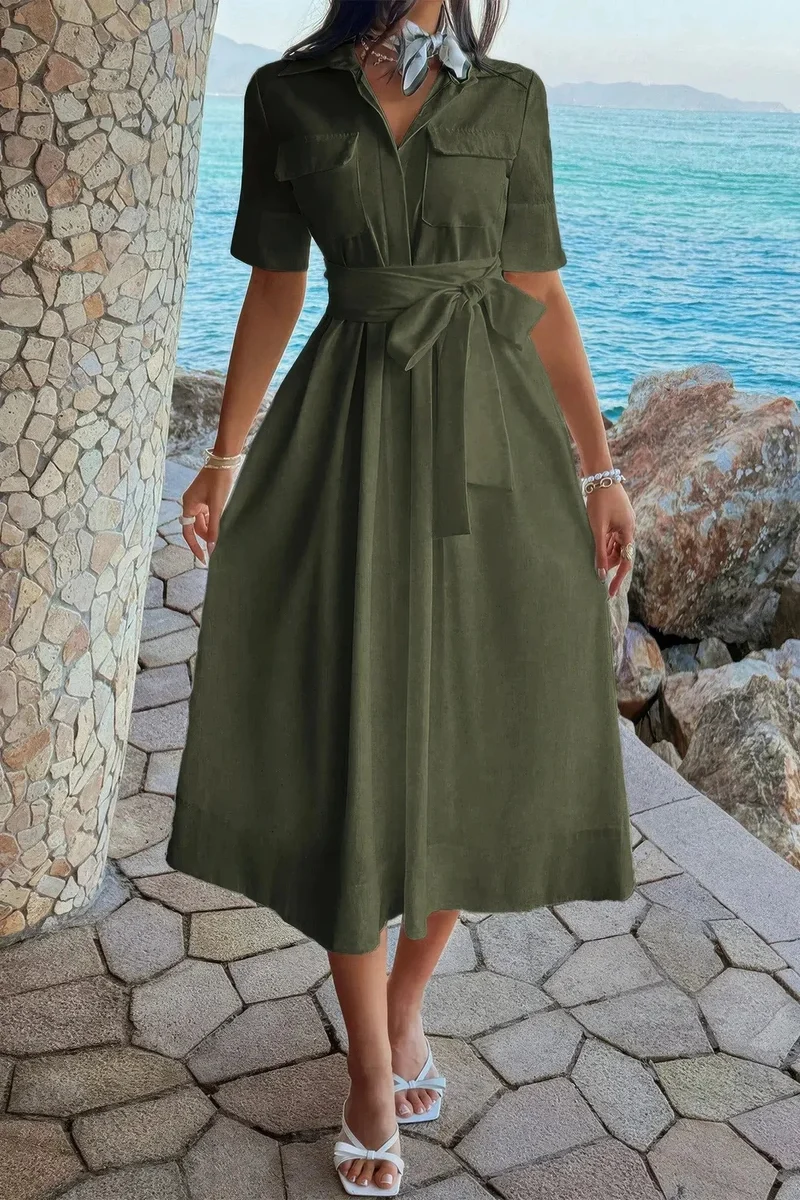 Damen A Linie Kleid mit Taschen und Umlegekragen