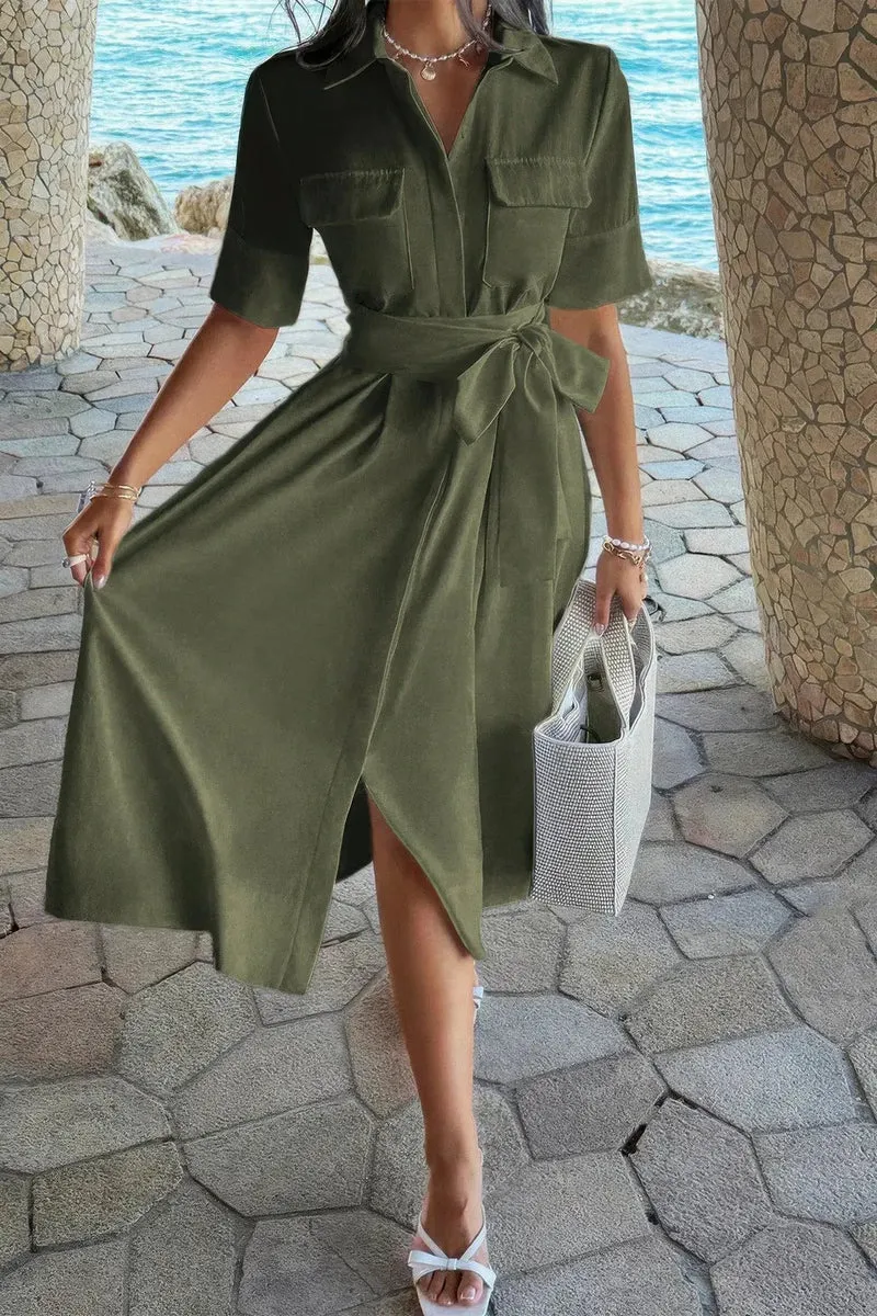 Damen A Linie Kleid mit Taschen und Umlegekragen
