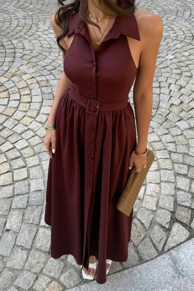 Damen ärmelloses A Linie Midikleid mit Kragen und Gürtel