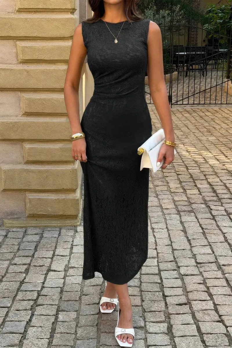 Damen Cocktail Midikleid mit Spitze und Taillenraffung