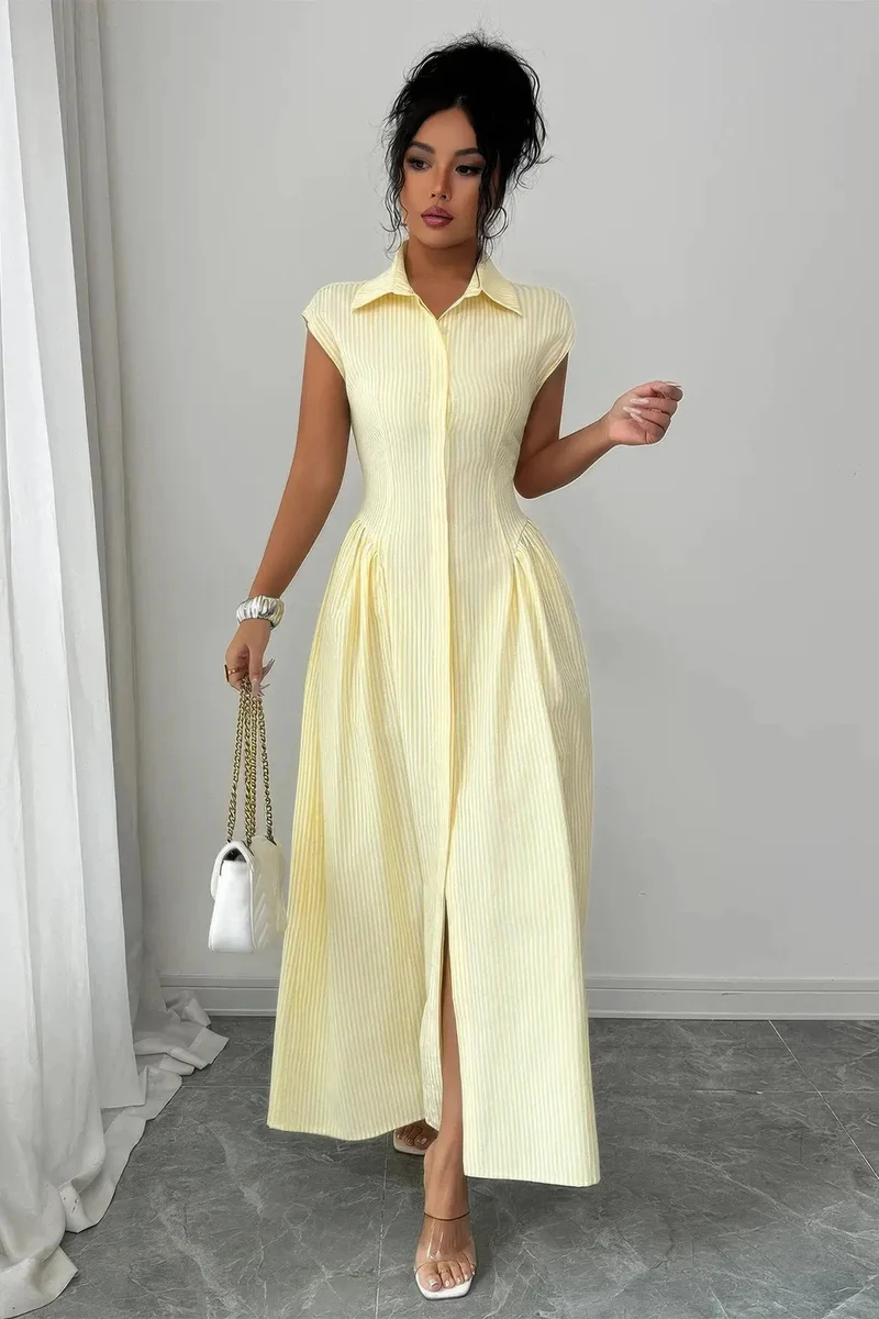 Damen langes Kleid mit Kragen kurzen Ärmeln und Taillenraffung
