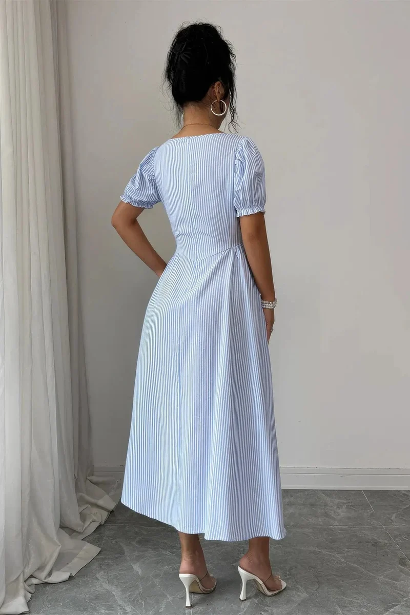 Damen gestreiftes Kleid mit Quadratausschnitt Puffärmeln und Rückenband