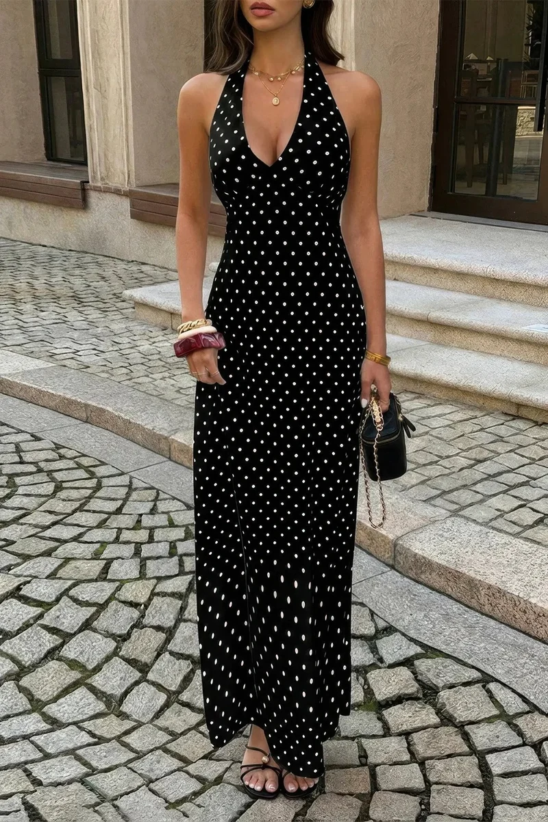 Damen ärmelloses Bodycon langes Kleid mit Tupfenmuster