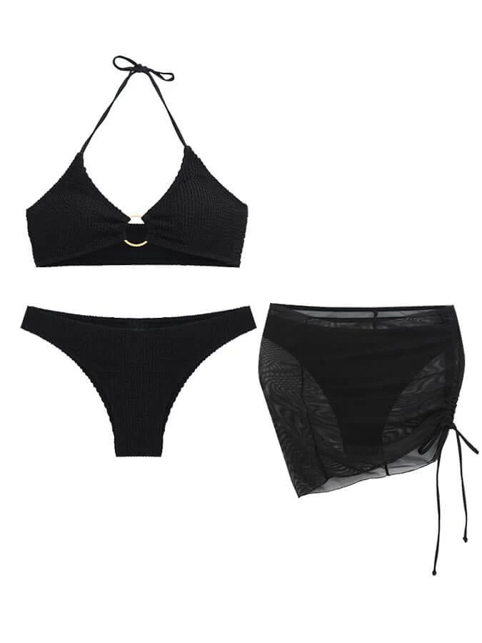 Unifarbenes dreiteiliges Halfterneck Bikini Set