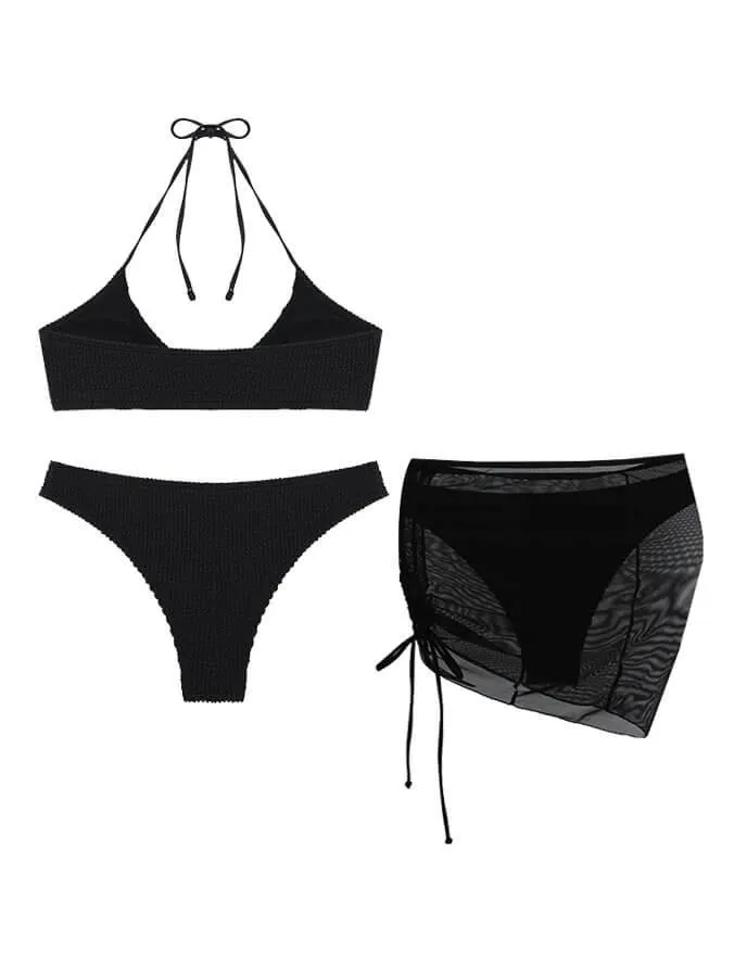 Unifarbenes dreiteiliges Halfterneck Bikini Set