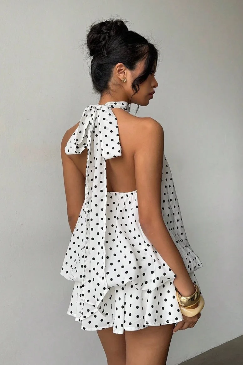 Polka Dot Halfter Minikleid mit rückenfreier Schnürung