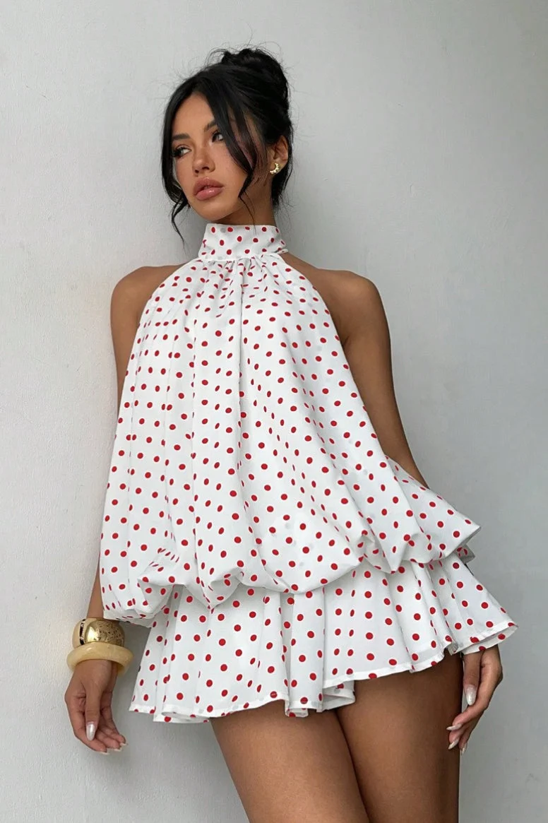 Polka Dot Halfter Minikleid mit rückenfreier Schnürung