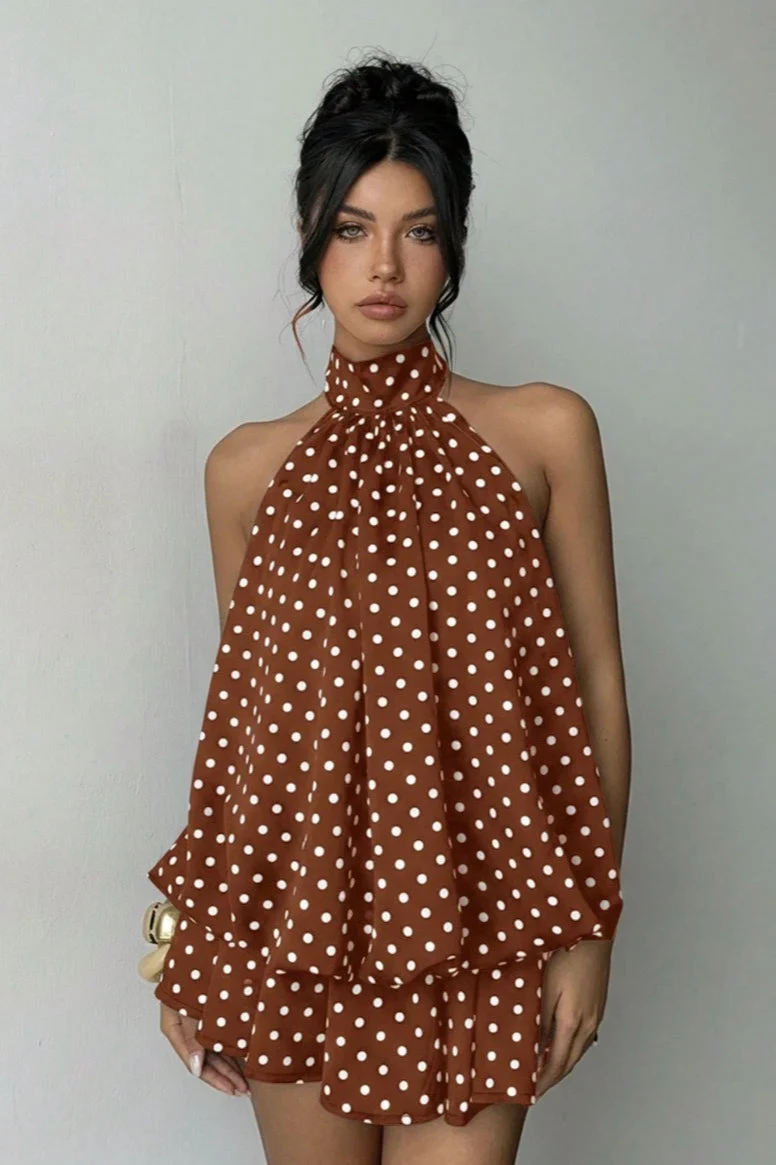 Polka Dot Halfter Minikleid mit rückenfreier Schnürung