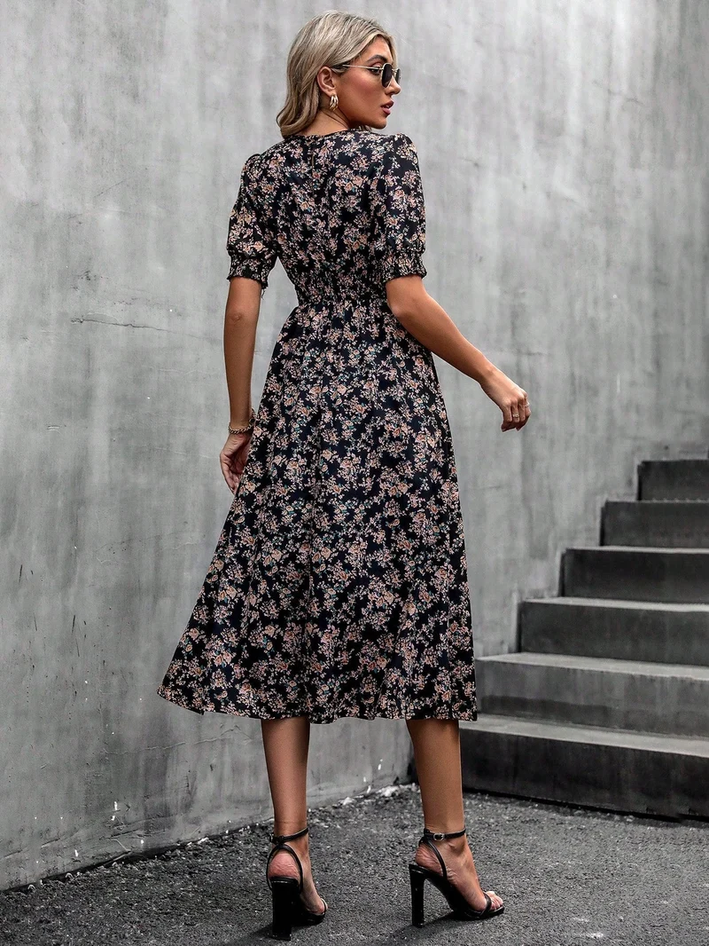 Blumendruck Puffärmel Raffung Taille A Linie Midikleid