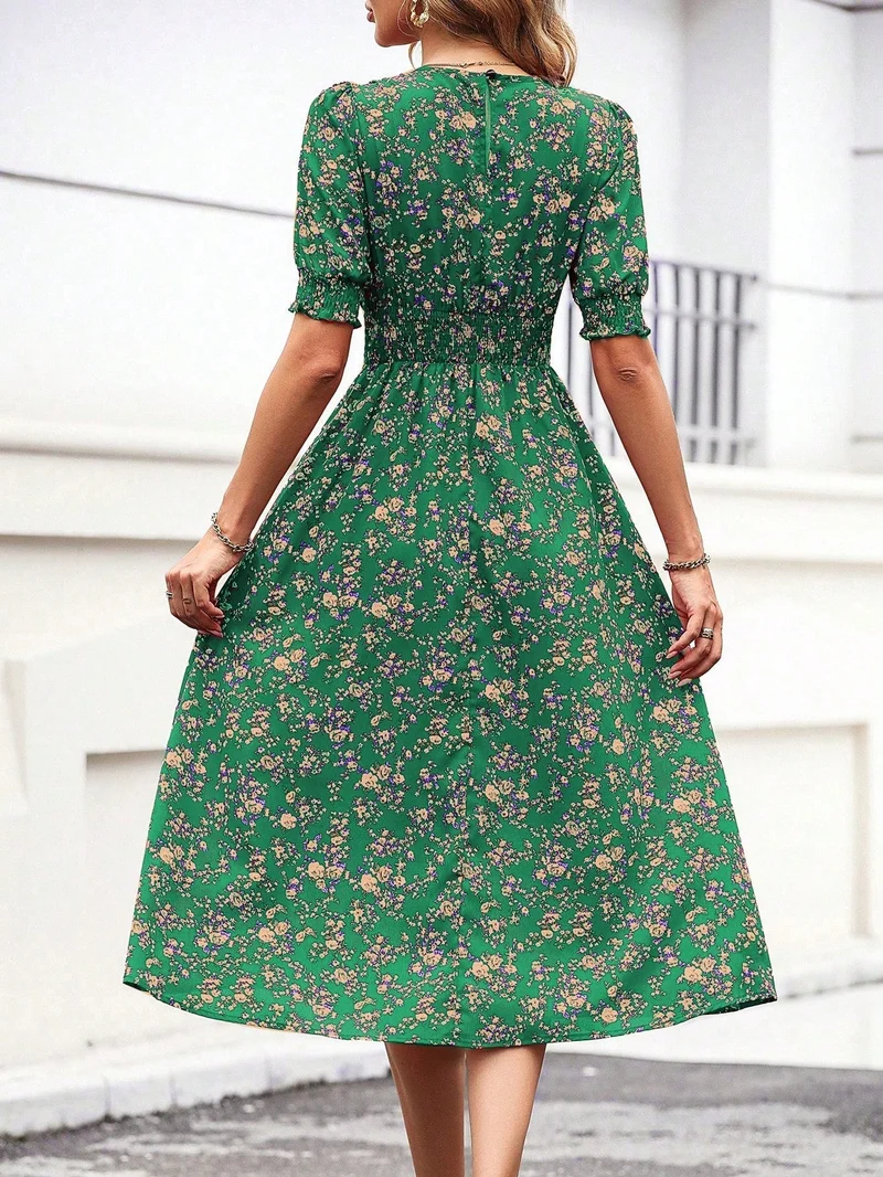 Blumendruck Puffärmel Raffung Taille A Linie Midikleid