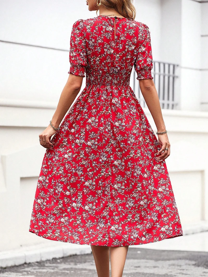 Blumendruck Puffärmel Raffung Taille A Linie Midikleid