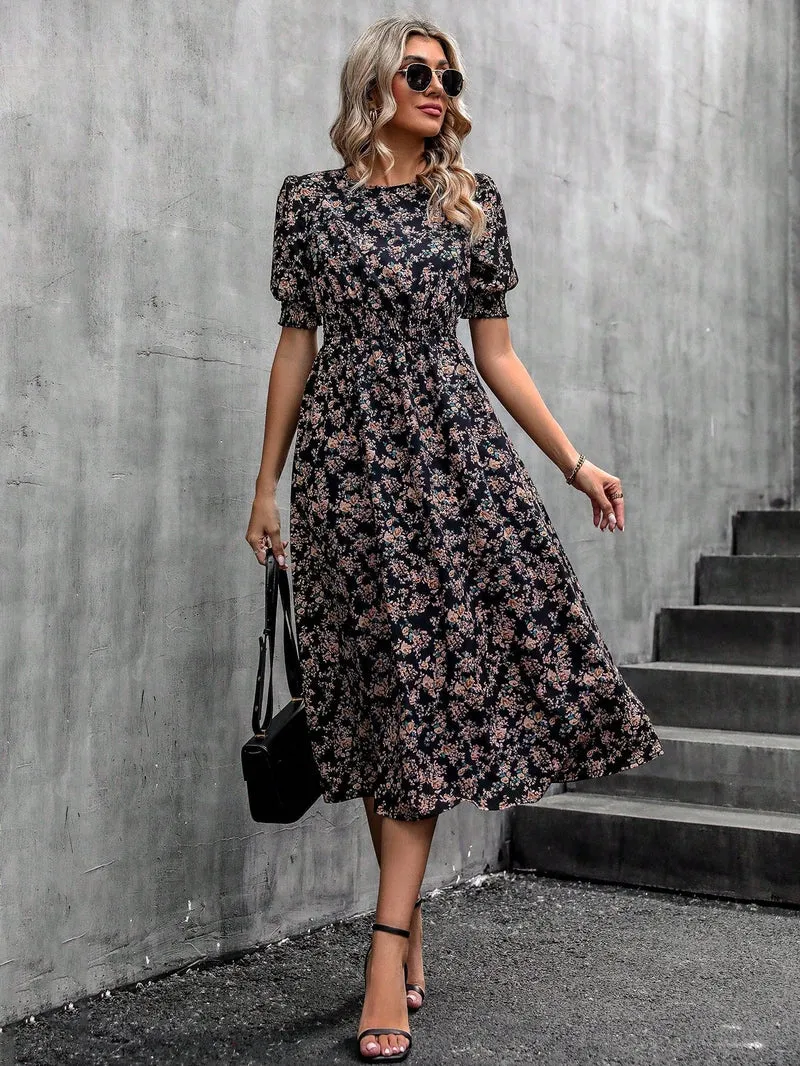 Blumendruck Puffärmel Raffung Taille A Linie Midikleid