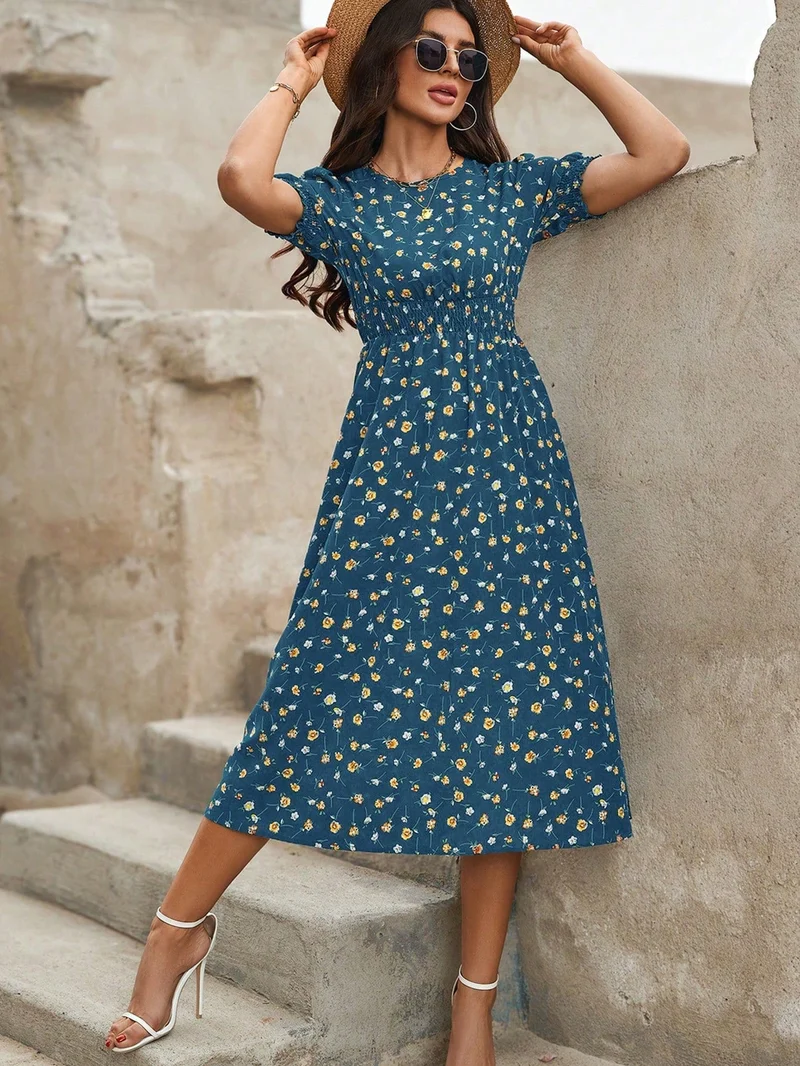 Blumendruck Puffärmel Raffung Taille A Linie Midikleid