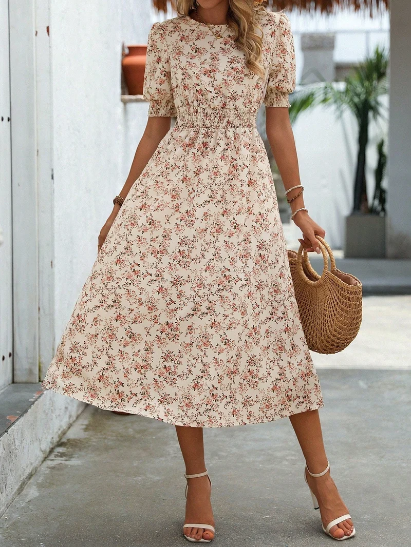 Blumendruck Puffärmel Raffung Taille A Linie Midikleid