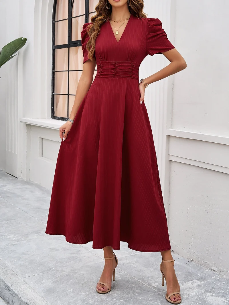 Strukturierte Puff Kurzarm Raffungen Midikleid A Linie Tailliert Casual Chic