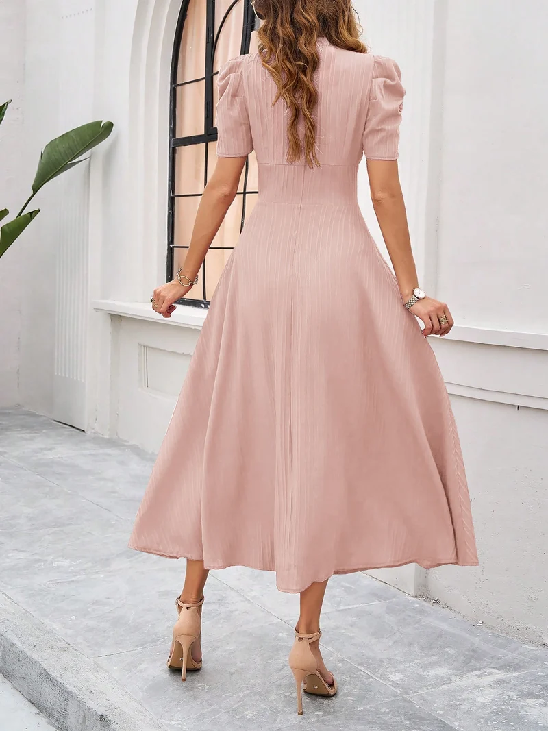 Strukturierte Puff Kurzarm Raffungen Midikleid A Linie Tailliert Casual Chic