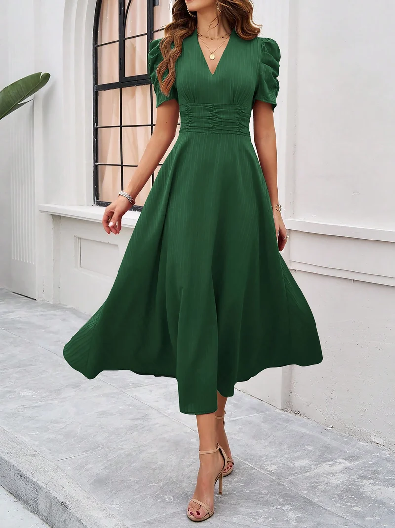 Strukturierte Puff Kurzarm Raffungen Midikleid A Linie Tailliert Casual Chic